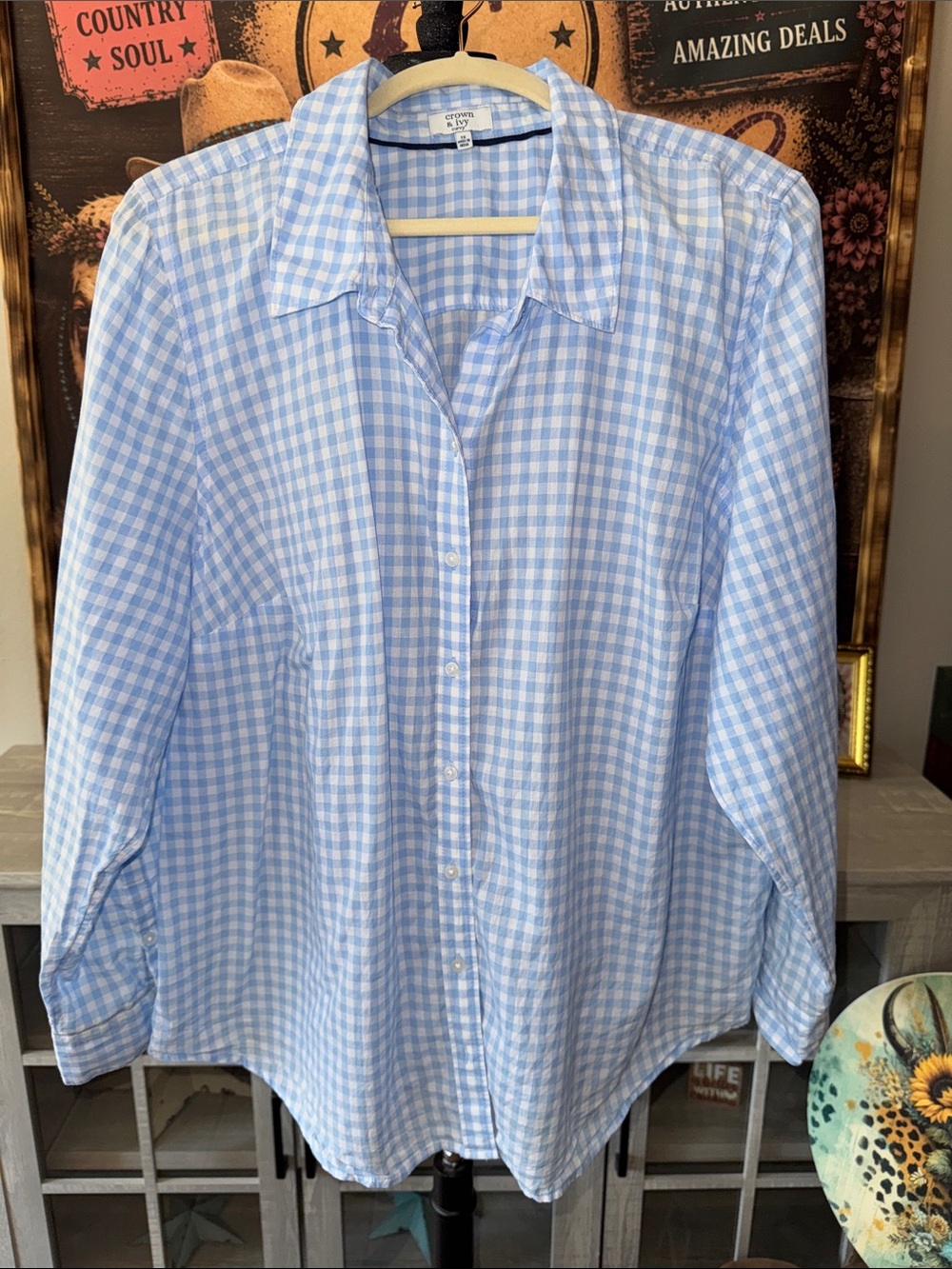 Crown & Ivy Blue & White Check Button-Down Shirt - Women's Size 3XL